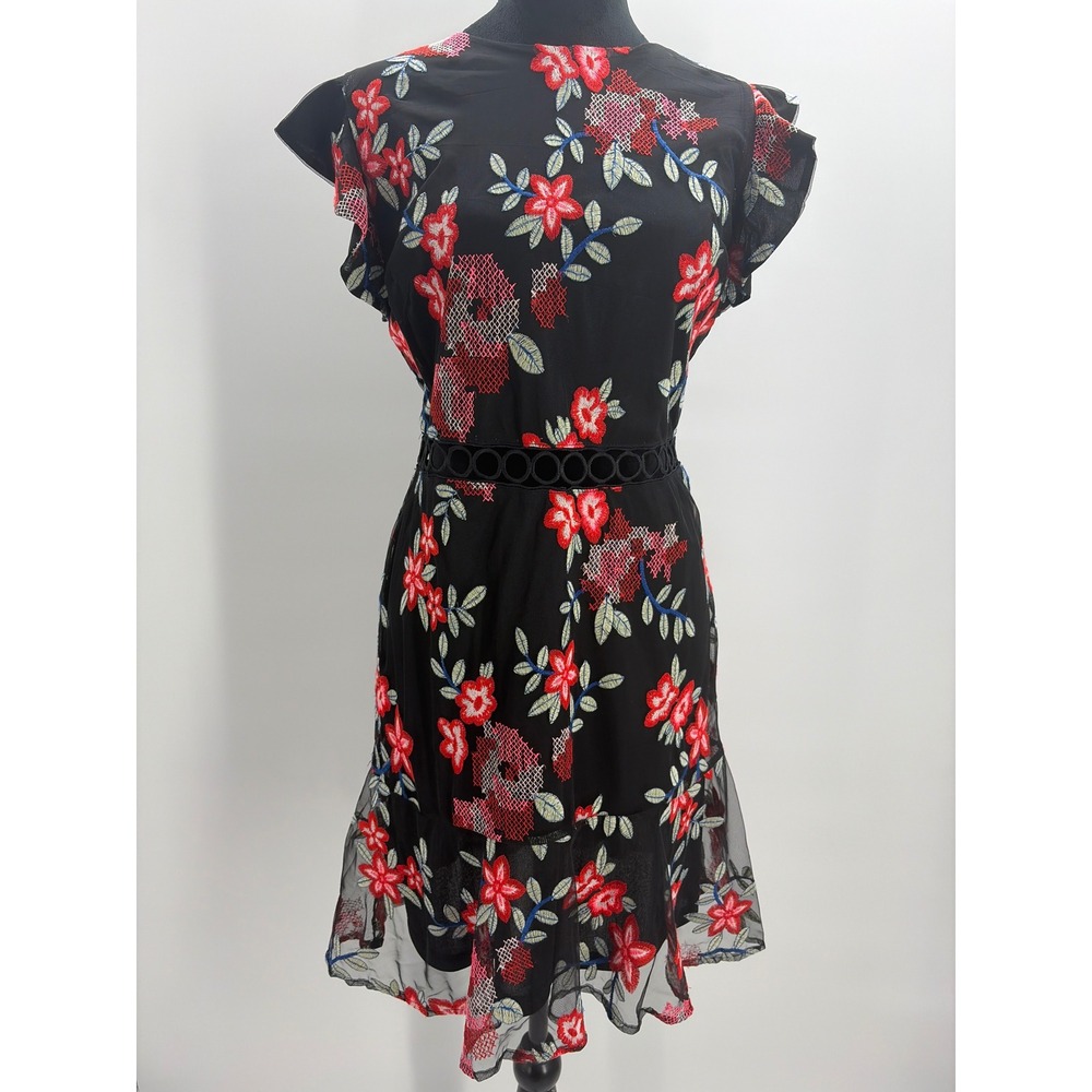 Sam Edelman Embroidered Floral A-Line Mini Dress Black Multi Size 6 50S059 NEW